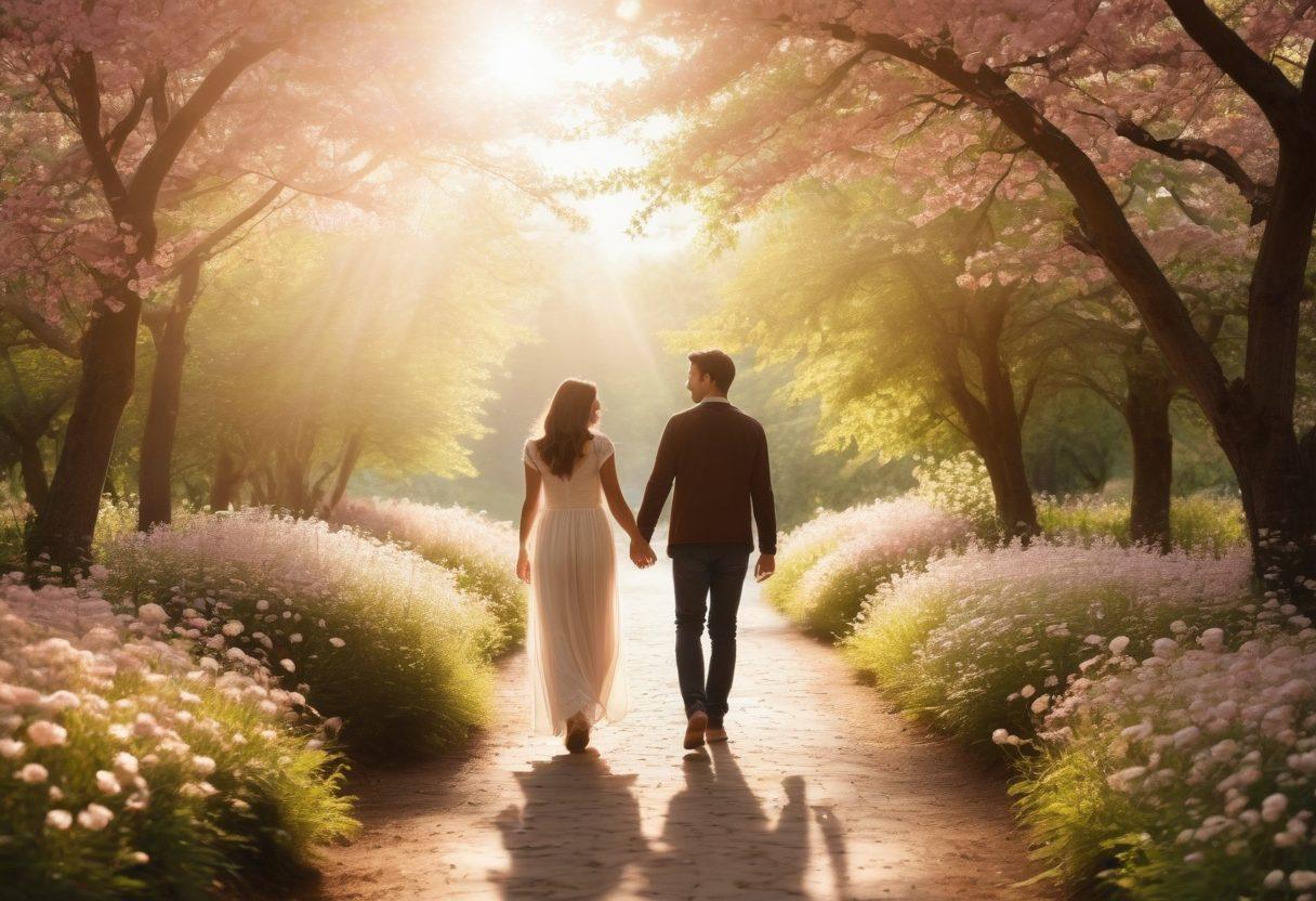 A beautiful couple holding hands on a scenic path, surrounded by blossoming flowers and soft sunlight filtering through the trees. In the background, subtle silhouettes of other couples laughing together, symbolizing connection and love. Elements like hearts and soft clouds add to the warmth of the scene. warm colors. dreamy atmosphere. vibrant details.