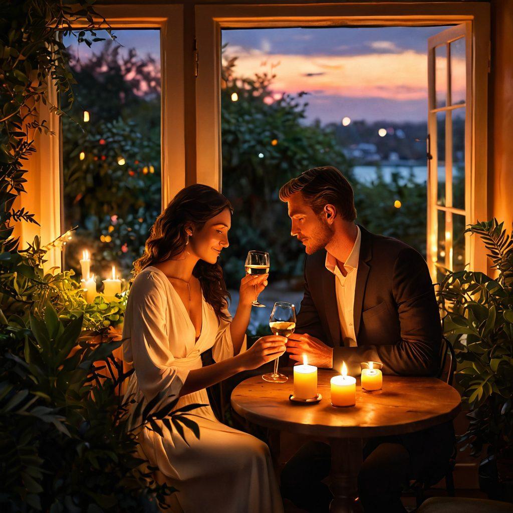 A romantic scene depicting a couple in a cozy intimate setting, surrounded by soft candlelight and lush plants, showcasing genuine affection and trust. Include warm colors, sparkling wine, and a backdrop of a sunset that symbolizes passion. The couple should be engaged in deep conversation, exuding emotion and connection. super-realistic. vibrant colors. warm ambiance.