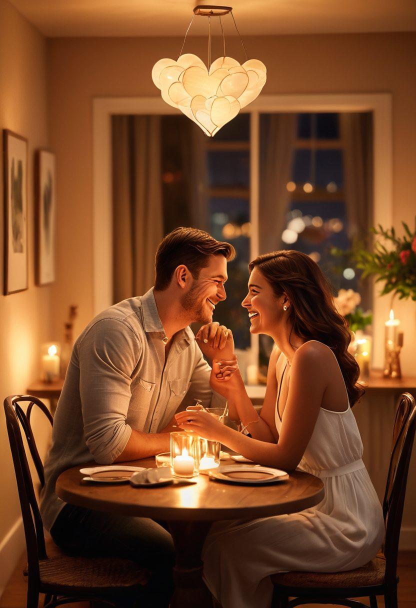 A cozy, intimate setting featuring a couple sharing a laugh over a candlelit dinner, surrounded by warm, glowing lights and soft, romantic decor. In the background, a heart-shaped art piece symbolizes love and connection. The scene captures the essence of trust and affection, with subtle details like intertwined hands and a heartfelt gaze. super-realistic. warm tones. soft focus.